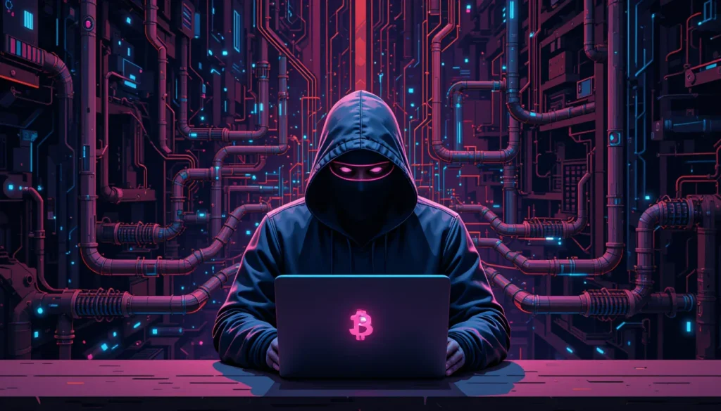 A digital illustration showing a hacker exploiting DevOps pipelines for cryptojacking operations.