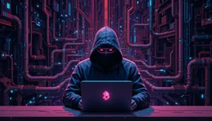 A digital illustration showing a hacker exploiting DevOps pipelines for cryptojacking operations.
