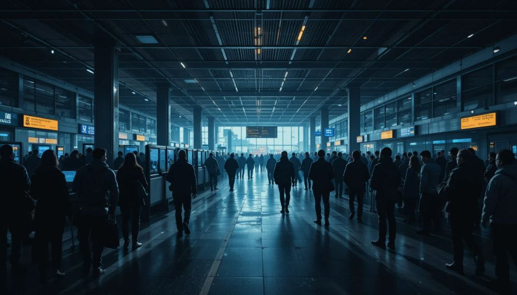 Passengers queue at manual check-in desks after system outage in airport terminal