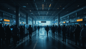 Passengers queue at manual check-in desks after system outage in airport terminal